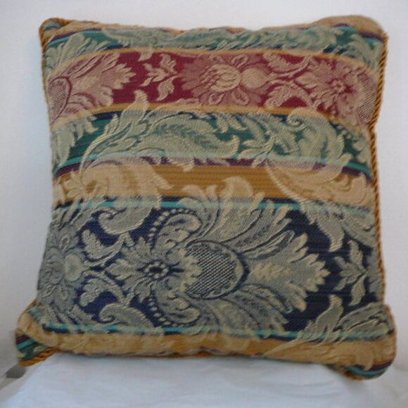 Vintage Tapestry 15" Square Multi-Blue Gold Red Green Throw Pillow  Gold Piping - Picture 1 of 6
